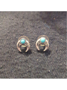 Silver Tone Faux Turquoise Blue Crescent Moon Stud Statement Earrings